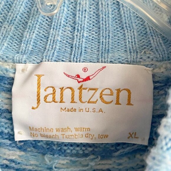Vintage Jantzen Floral Baby Blue Cable Knit Mock Neck Pullover  XL - Picture 3 of 4